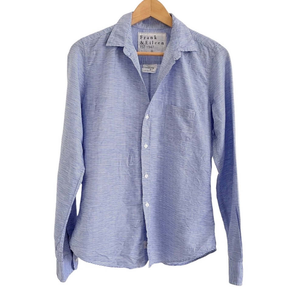 FRANK & EILEEN Barry Cotton Linen Blue & White Striped Button Down Top- …